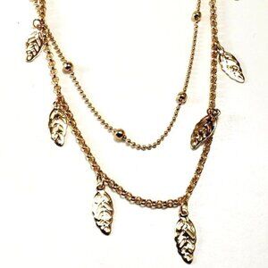 Gold-Tone Layered Filigree Leaf Charm Beaded Necklace - Women's Fashion Jewelry